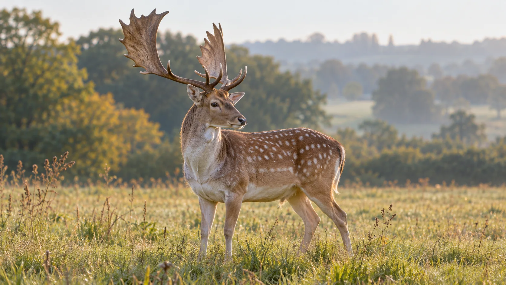 a fallow buck with broad palmate antlers standing in a meadow at dawn