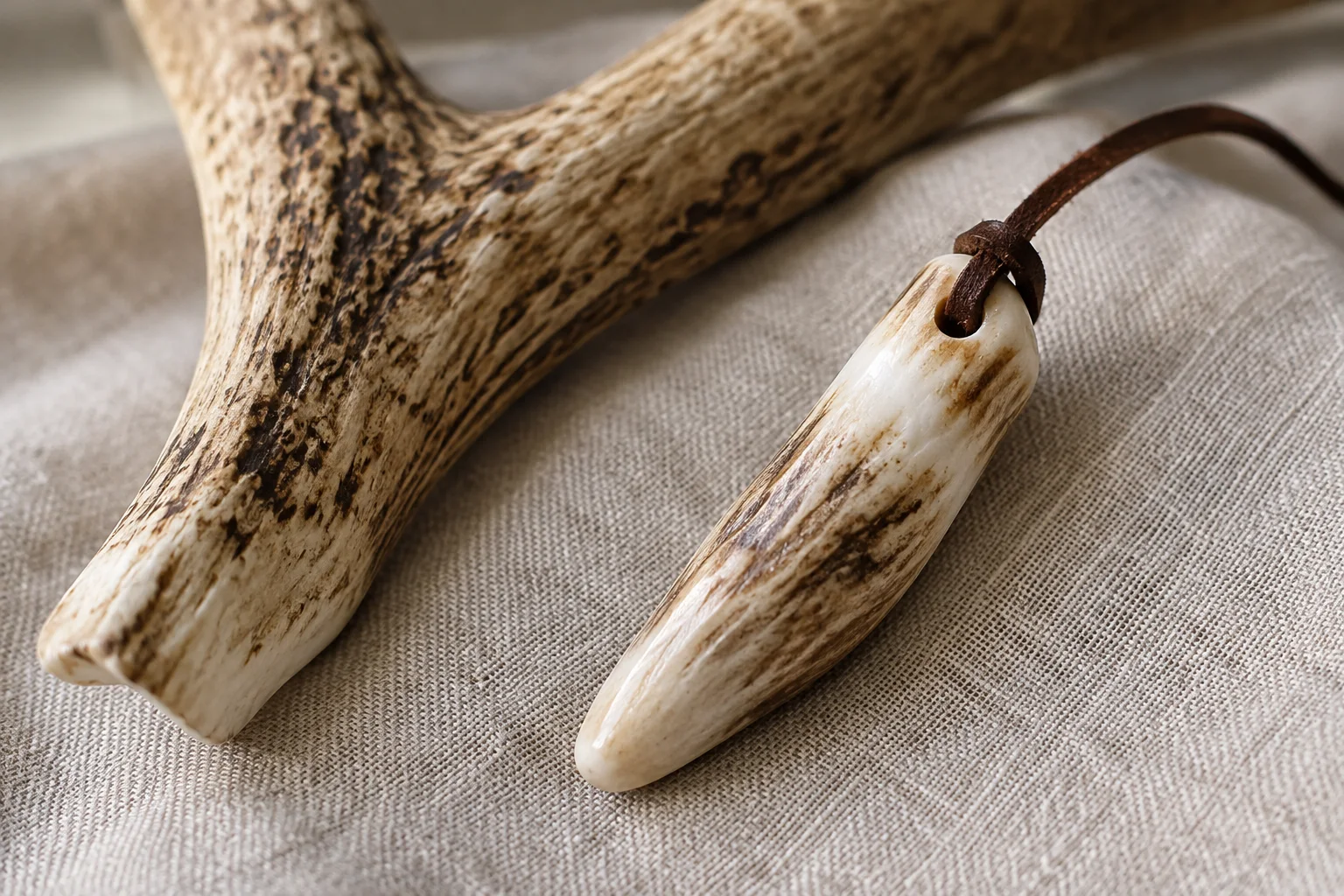 an antler tine pendant on a leather cord resting beside a shed antler on linen