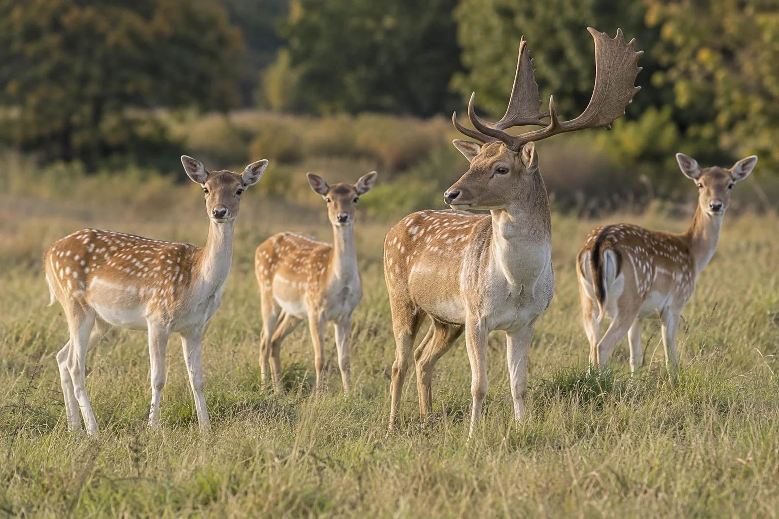 a small group of fallow does and one buck in tall grass